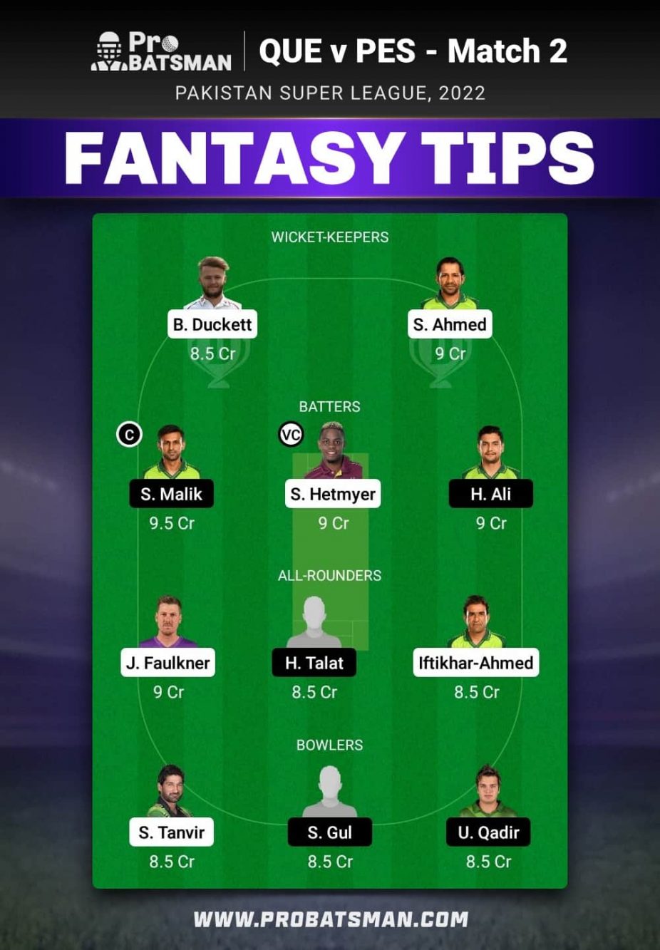 QUE vs PES Dream11 Fantasy Team Prediction