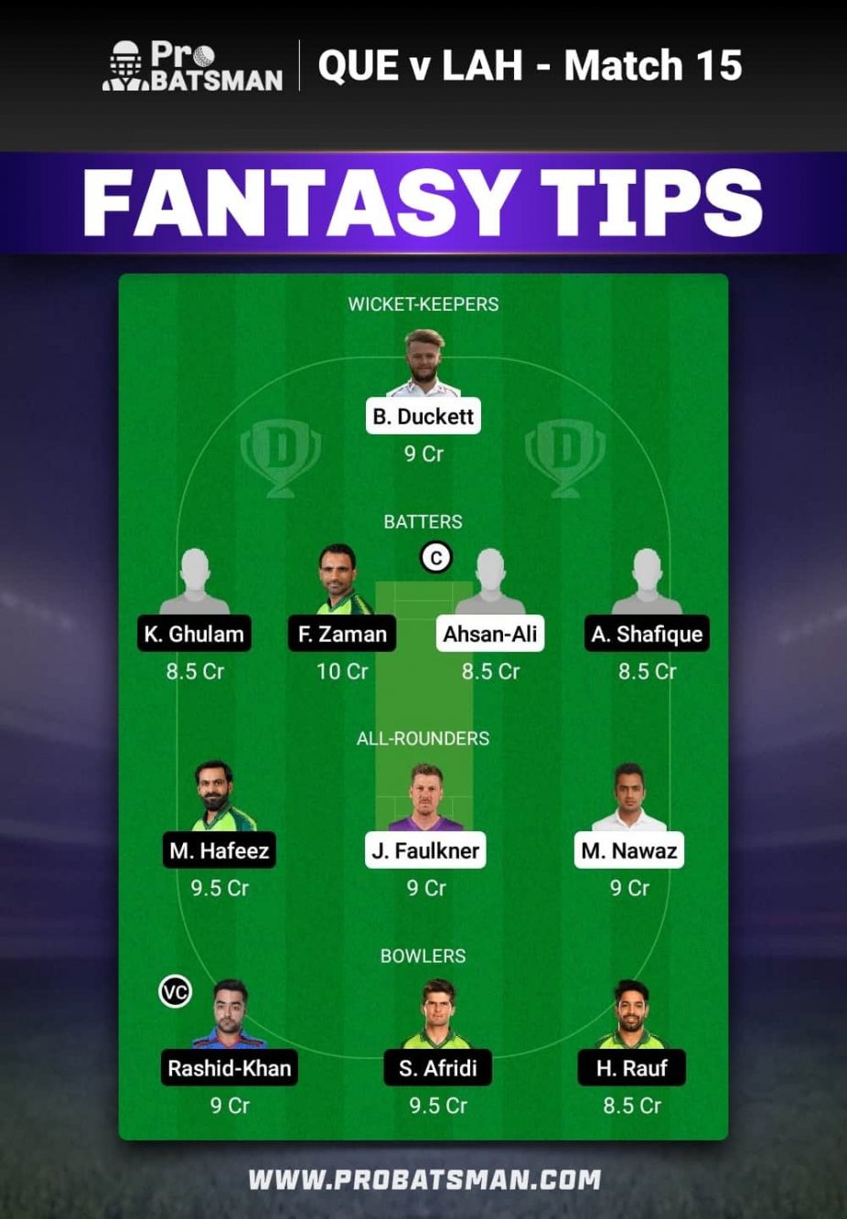 QUE vs LAH Dream11 Fantasy Team Prediction