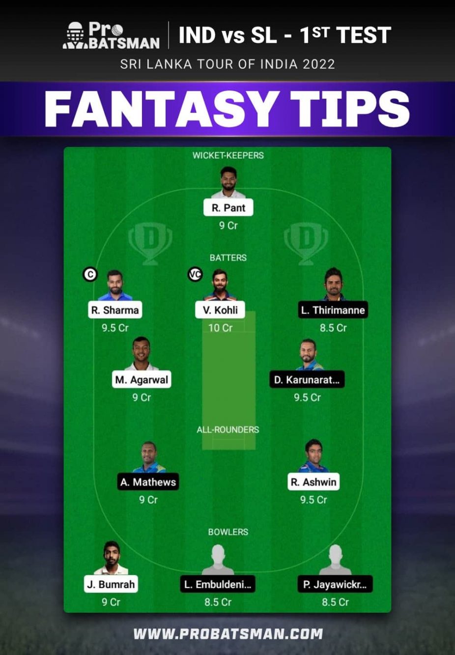 IND vs SL Dream11 Fantasy Team Prediction