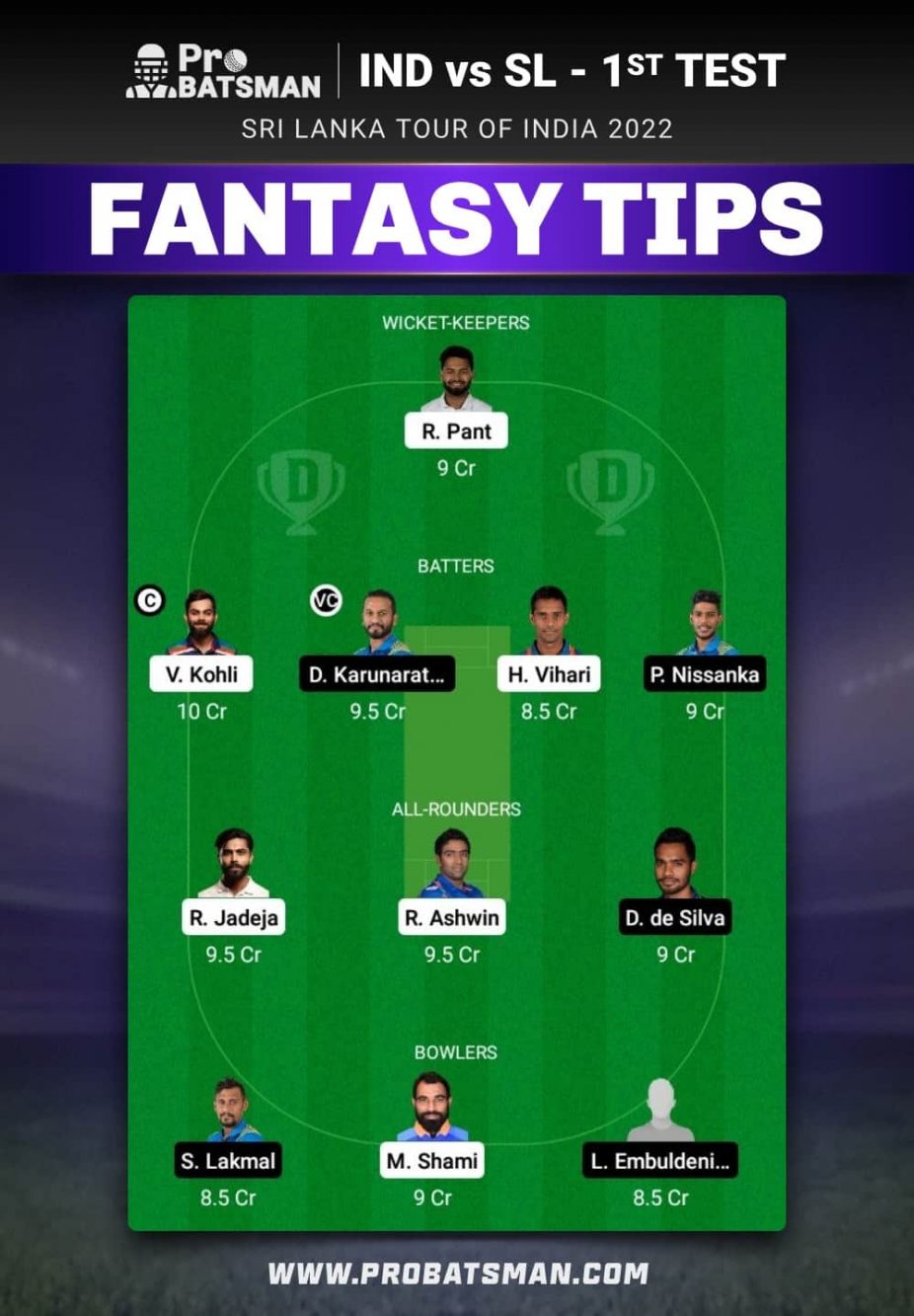 IND vs SL Dream11 Fantasy Team Prediction