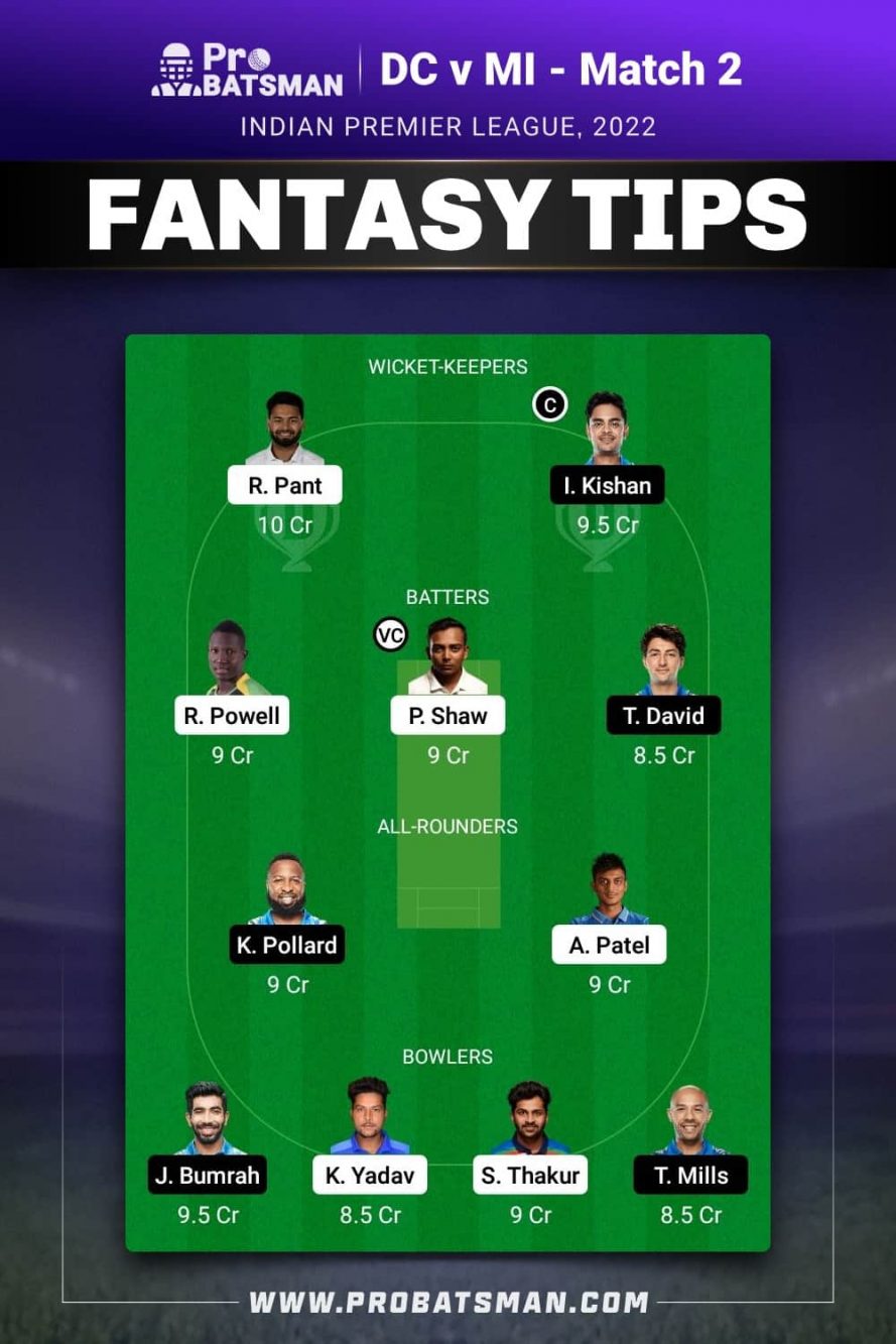 DC vs MI Dream11 Fantasy Team 1 Prediction