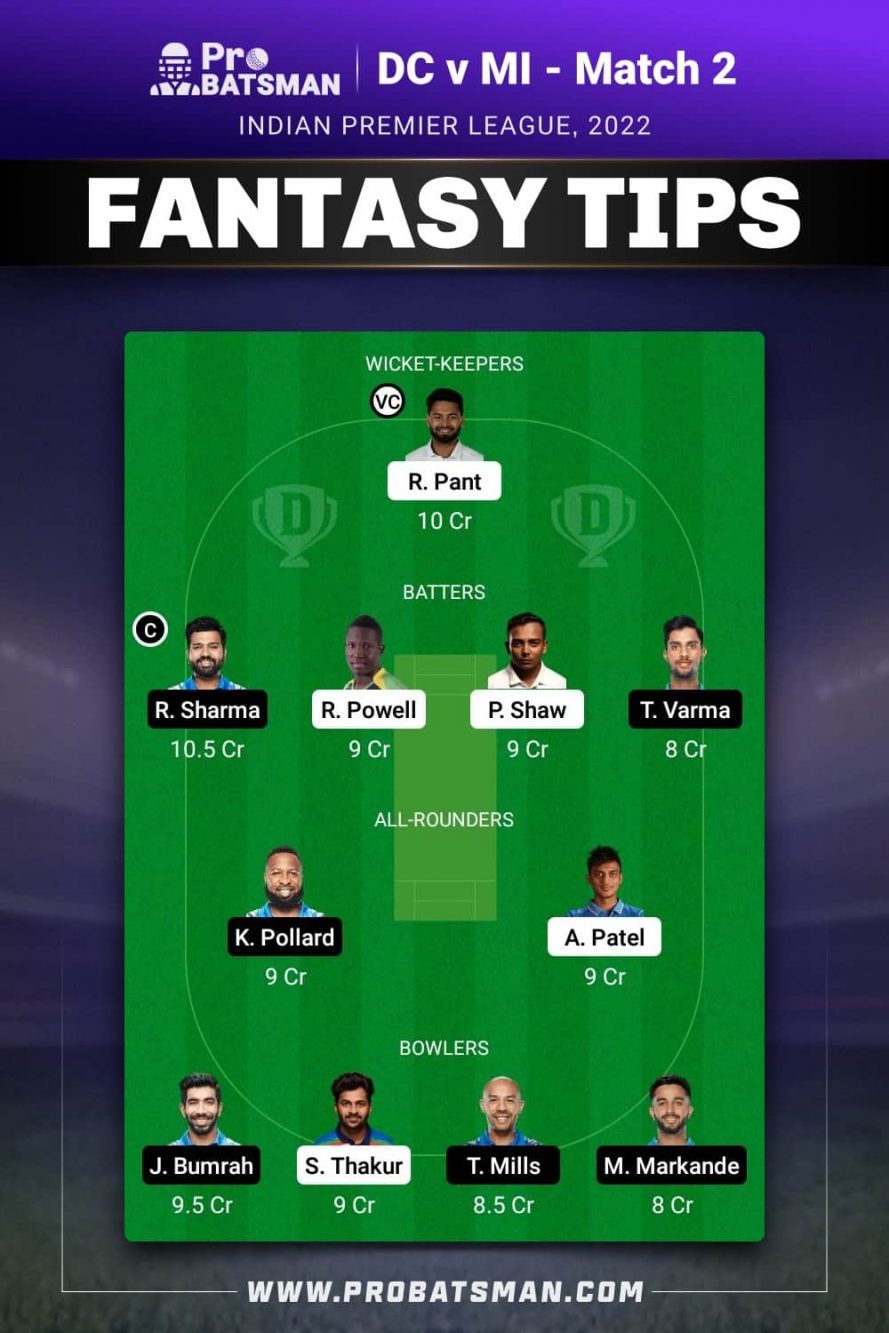 DC vs MI Dream11 Fantasy Team 2 Prediction