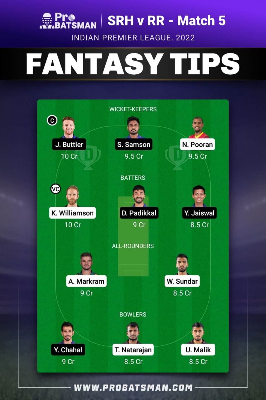 SRH vs RR Dream11 Fantasy Team 1 Prediction