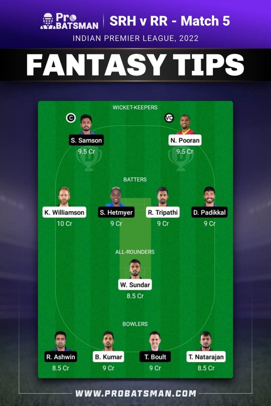 SRH vs RR Dream11 Fantasy Team 2 Prediction