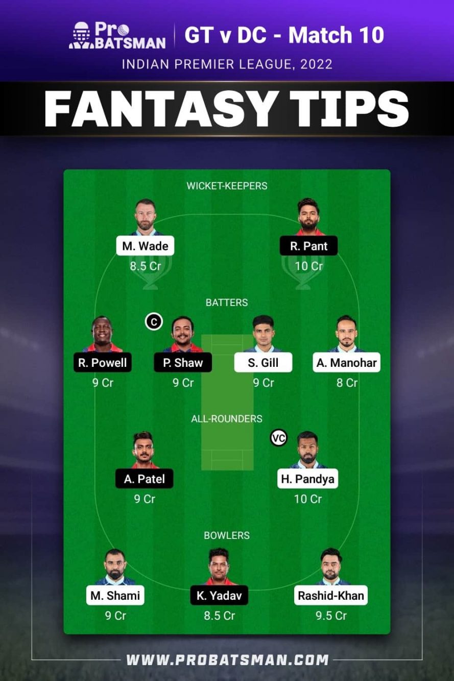 GT vs DC Dream11 Fantasy Team 1 Prediction