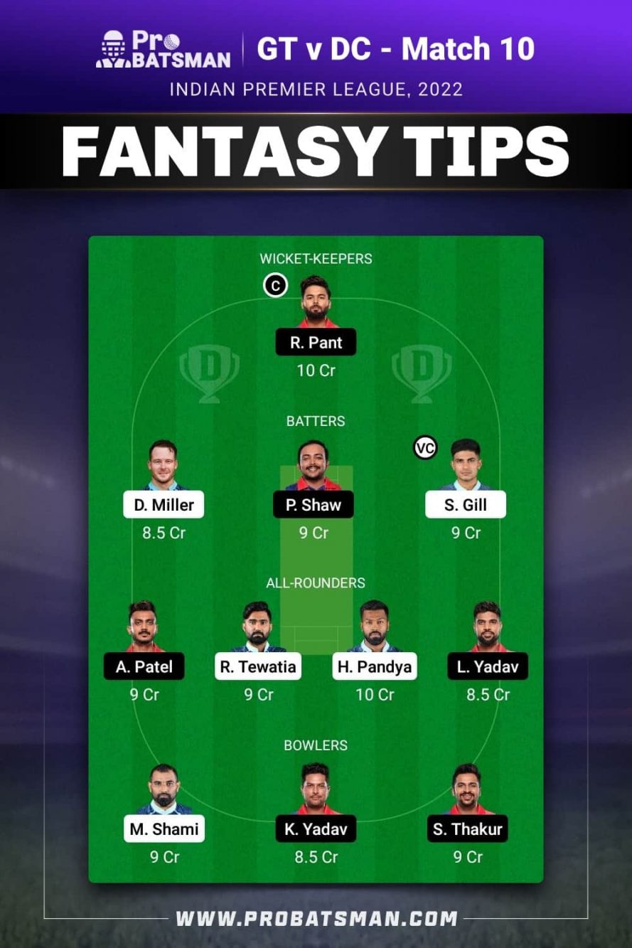 GT vs DC Dream11 Fantasy Team 2 Prediction