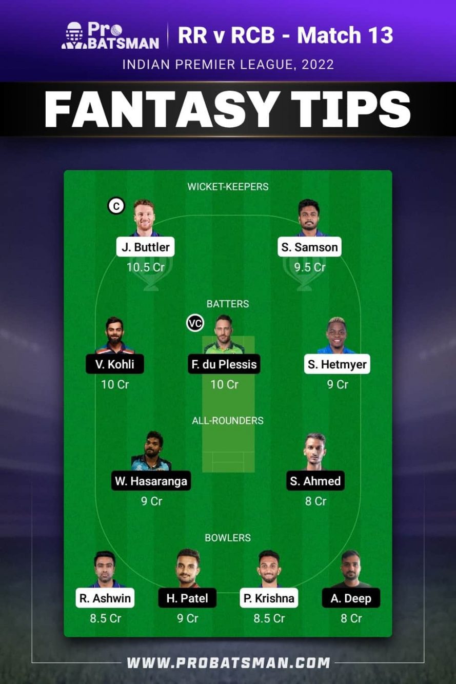 RR vs RCB Dream11 Fantasy Team 1 Prediction