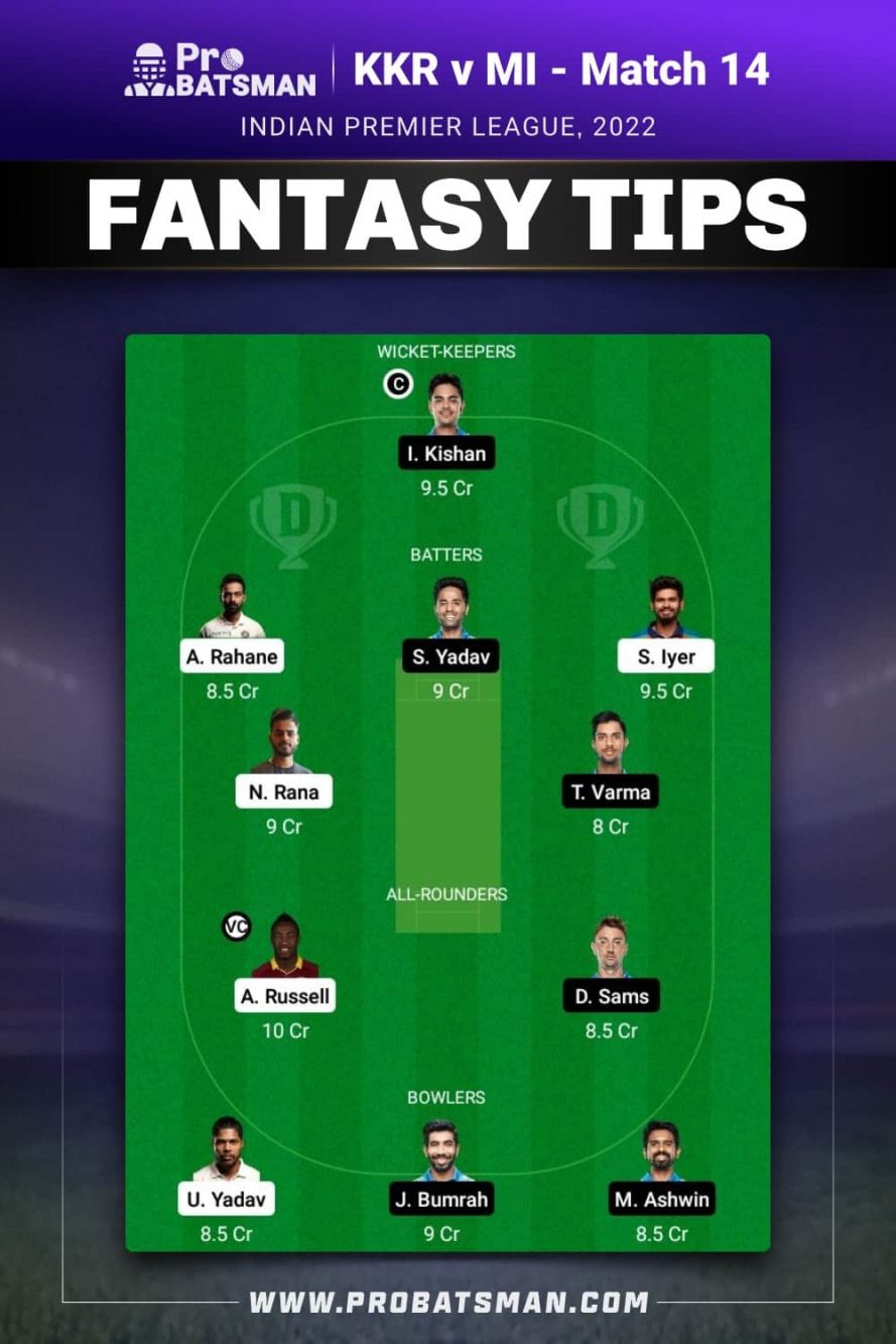 KKR vs MI Dream11 Fantasy Team 1 Prediction KKR vs MI Dream11 Fantasy Team 1 Prediction