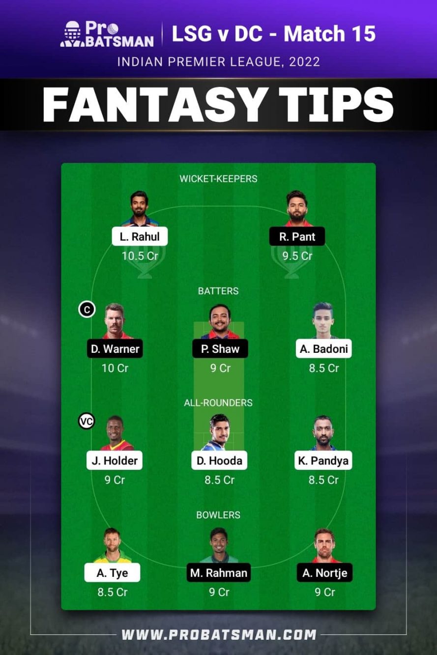 LSG vs DC Dream11 Fantasy Team 1 Prediction