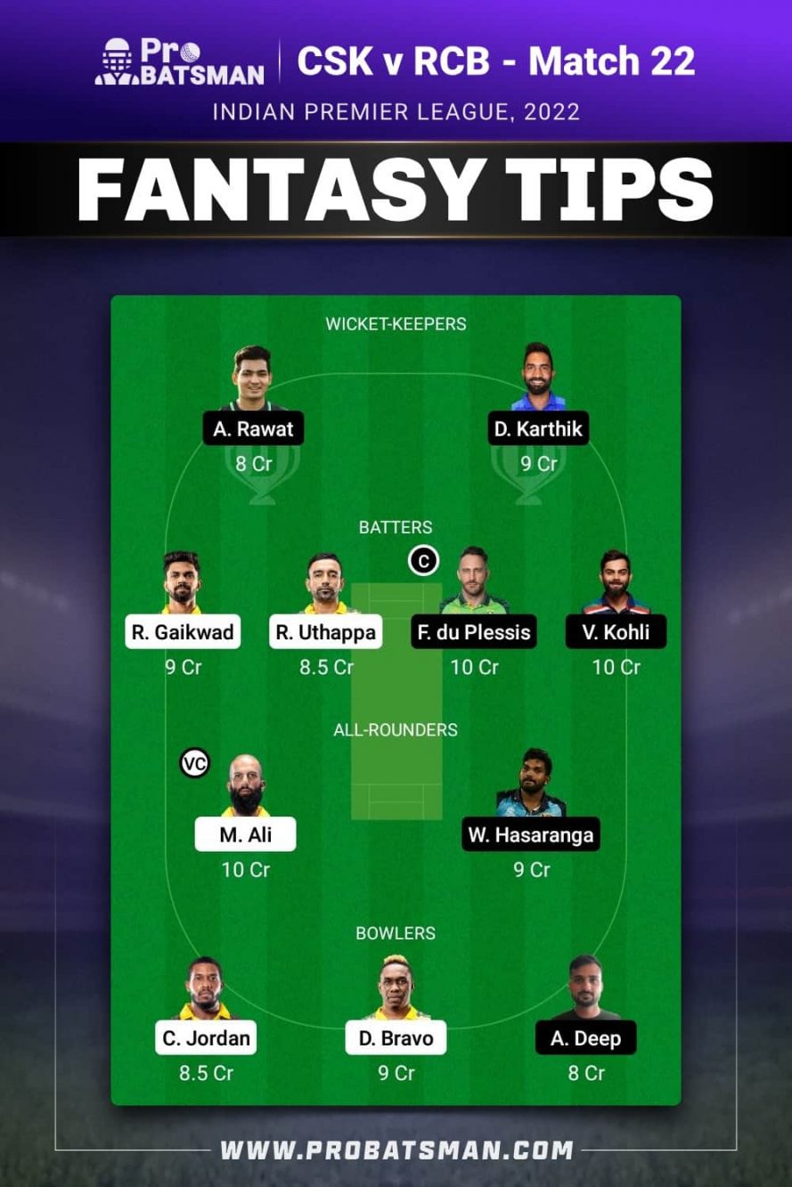 CSK vs RCB Dream11 Fantasy Team 1 Prediction