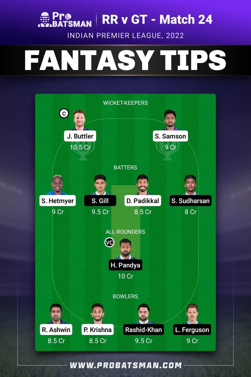 RR vs GT Dream11 Prediction - Fantasy Team 1