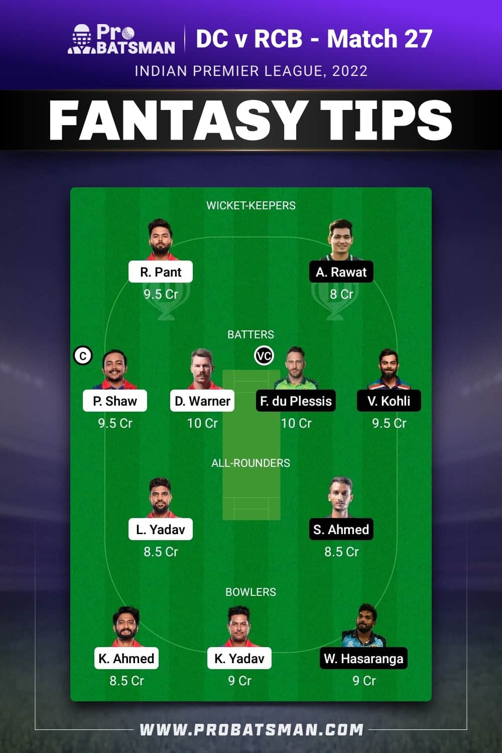 DC vs RCB Dream11 Prediction - Fantasy Team 1