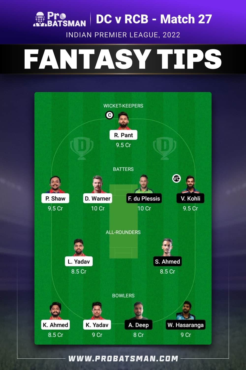  DC vs RCB Dream11 Prediction - Fantasy Team 2