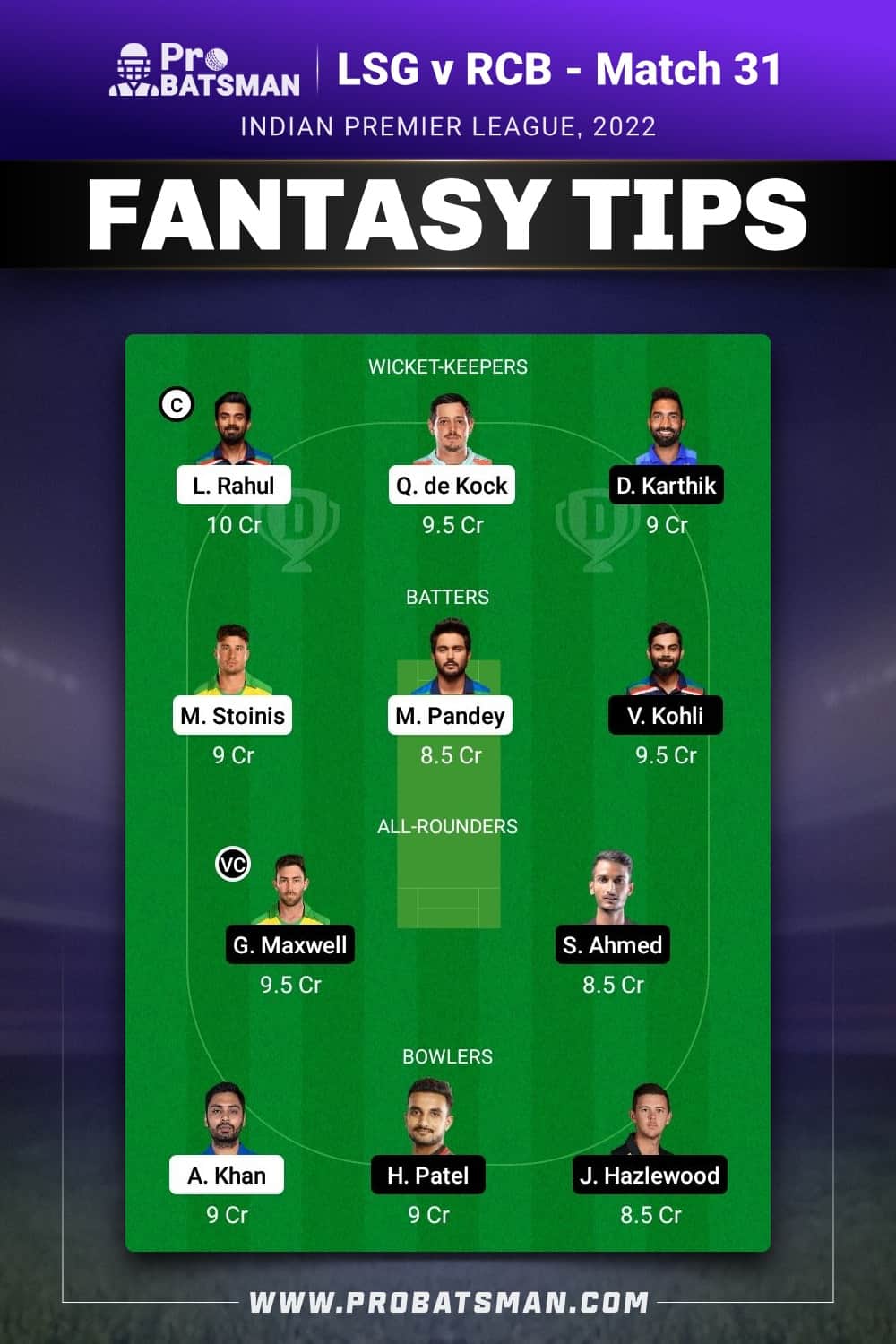 LSG vs RCB Dream11 Prediction, Fantasy Team 1