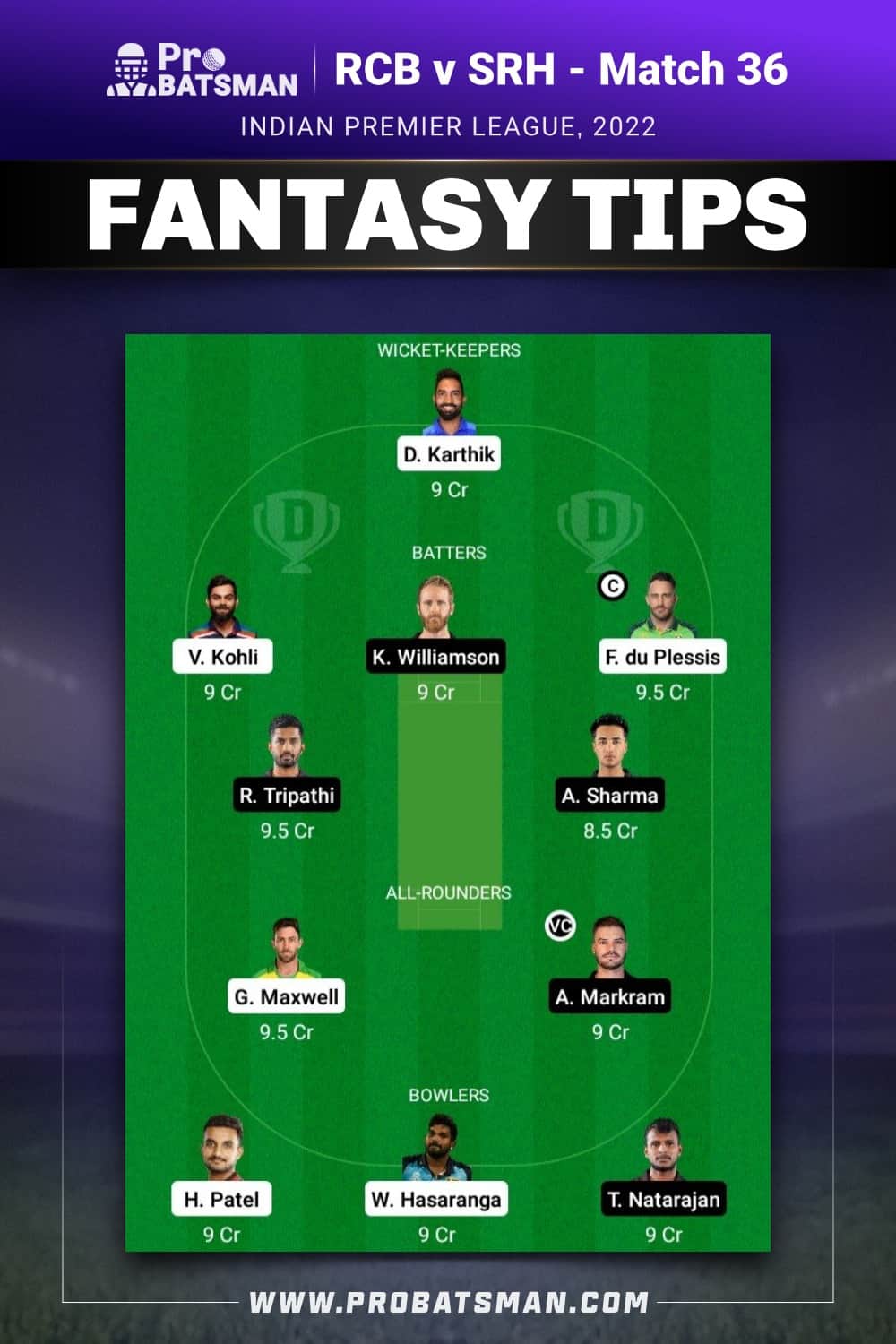 RCB vs SRH Dream11 Prediction - Fantasy Team 1