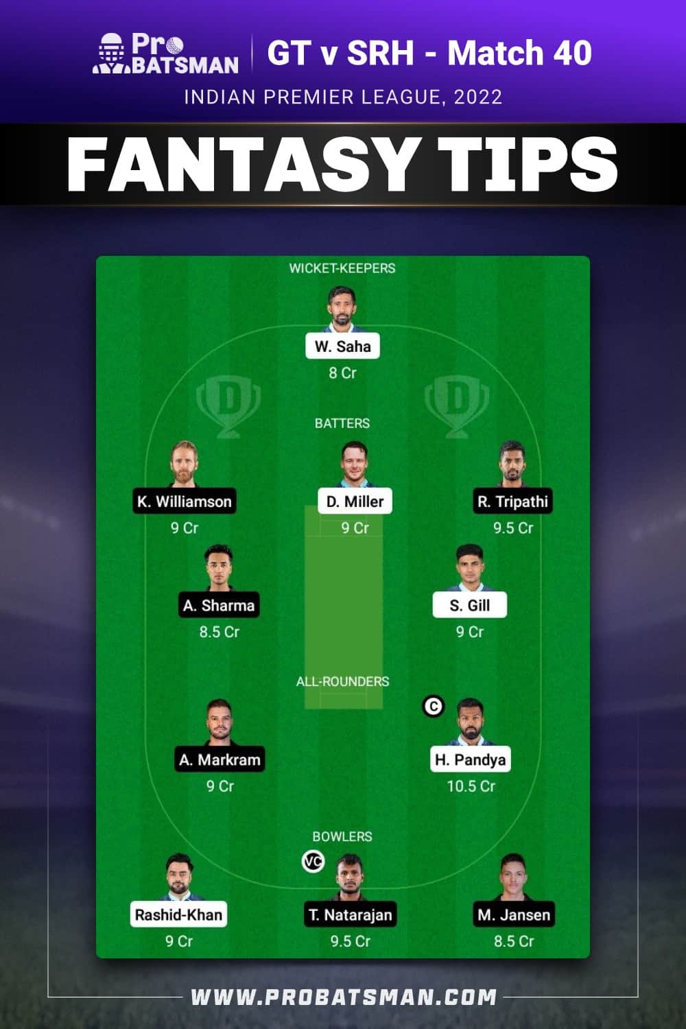 GT vs SRH Dream11 Prediction Fantasy Team 1