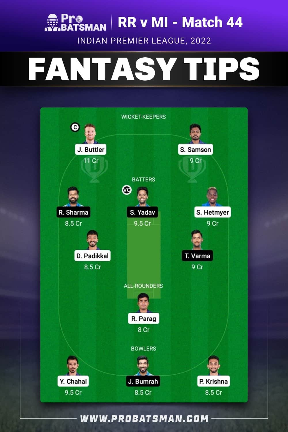 RR vs MI Dream11 Prediction Fantasy Team 1