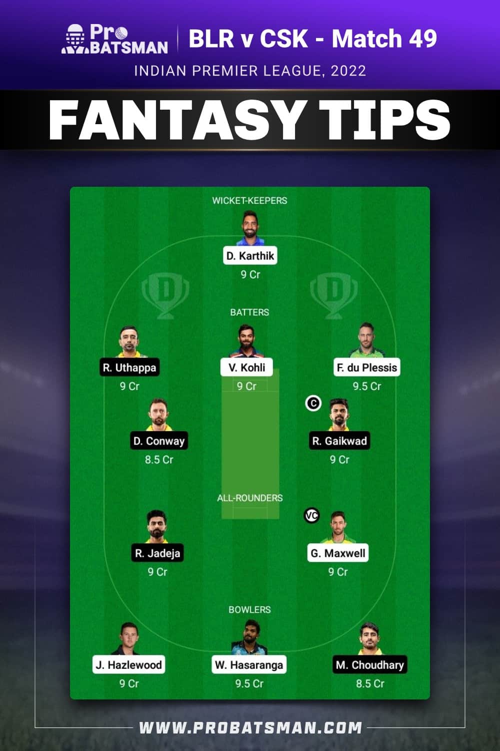 BLR vs CSK Dream11 Prediction Fantasy Team 1