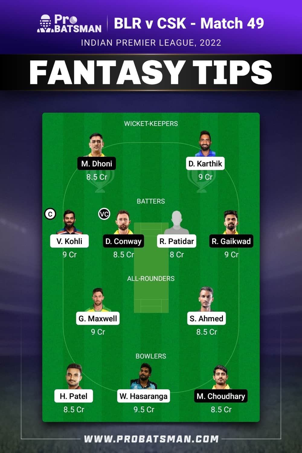 BLR vs CSK Dream11 Prediction Fantasy Team 1