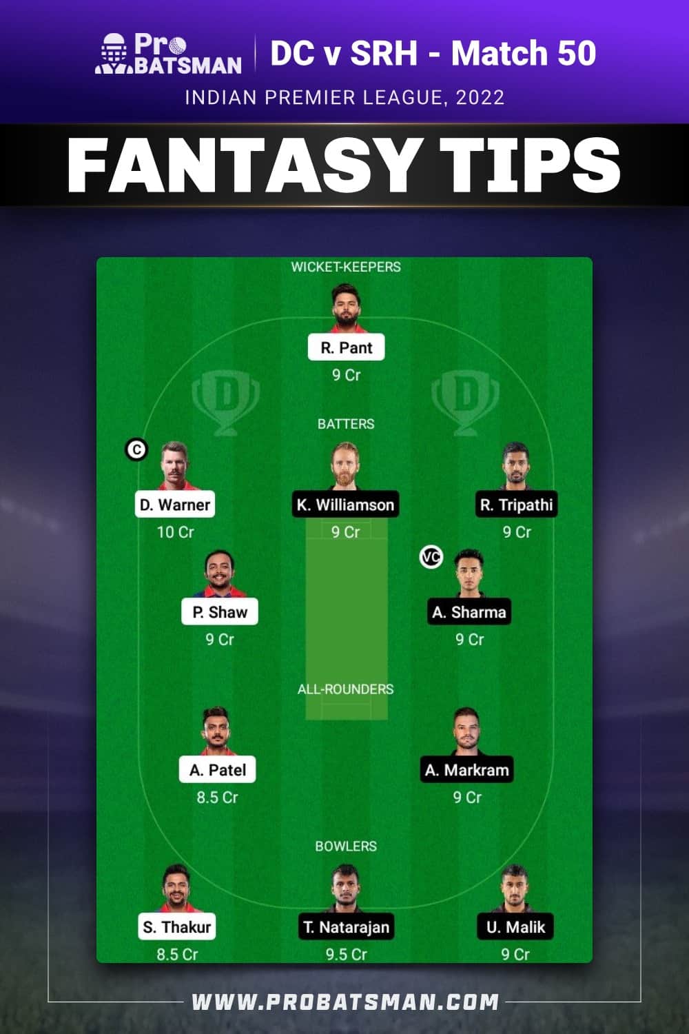 DC vs SRH Dream11 Prediction Fantasy Team 1