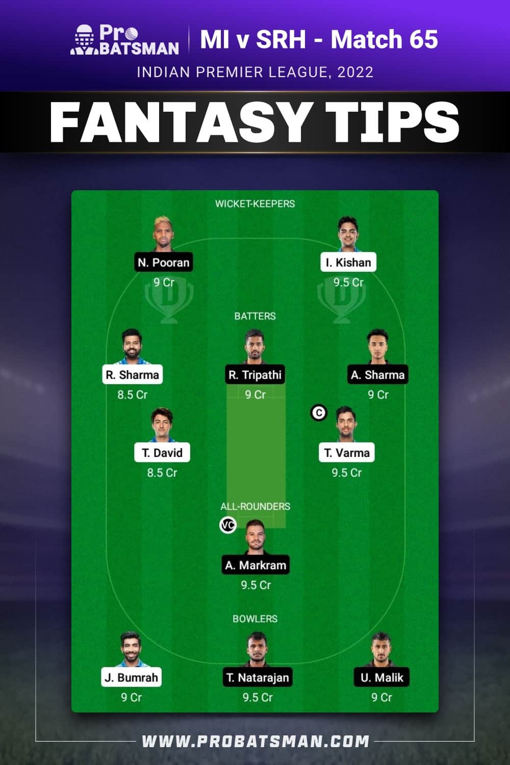 MI vs SRH Dream11 Prediction - Fantasy Team 1