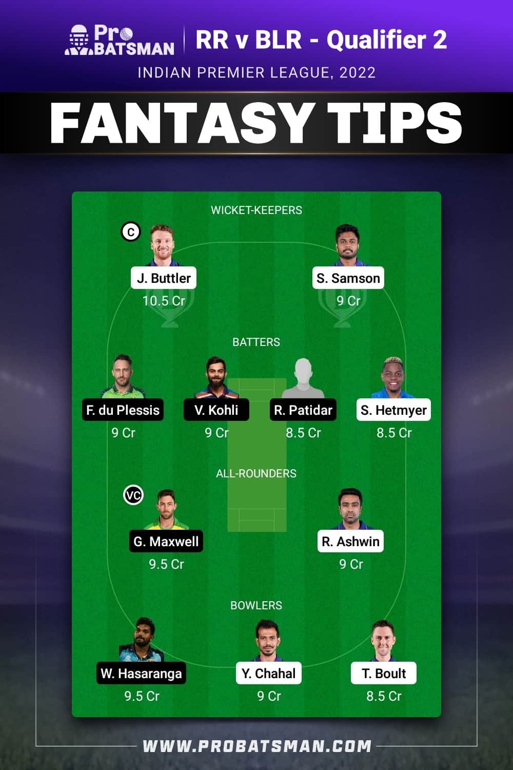 RR vs BLR Dream11 Prediction Fantasy Team 1