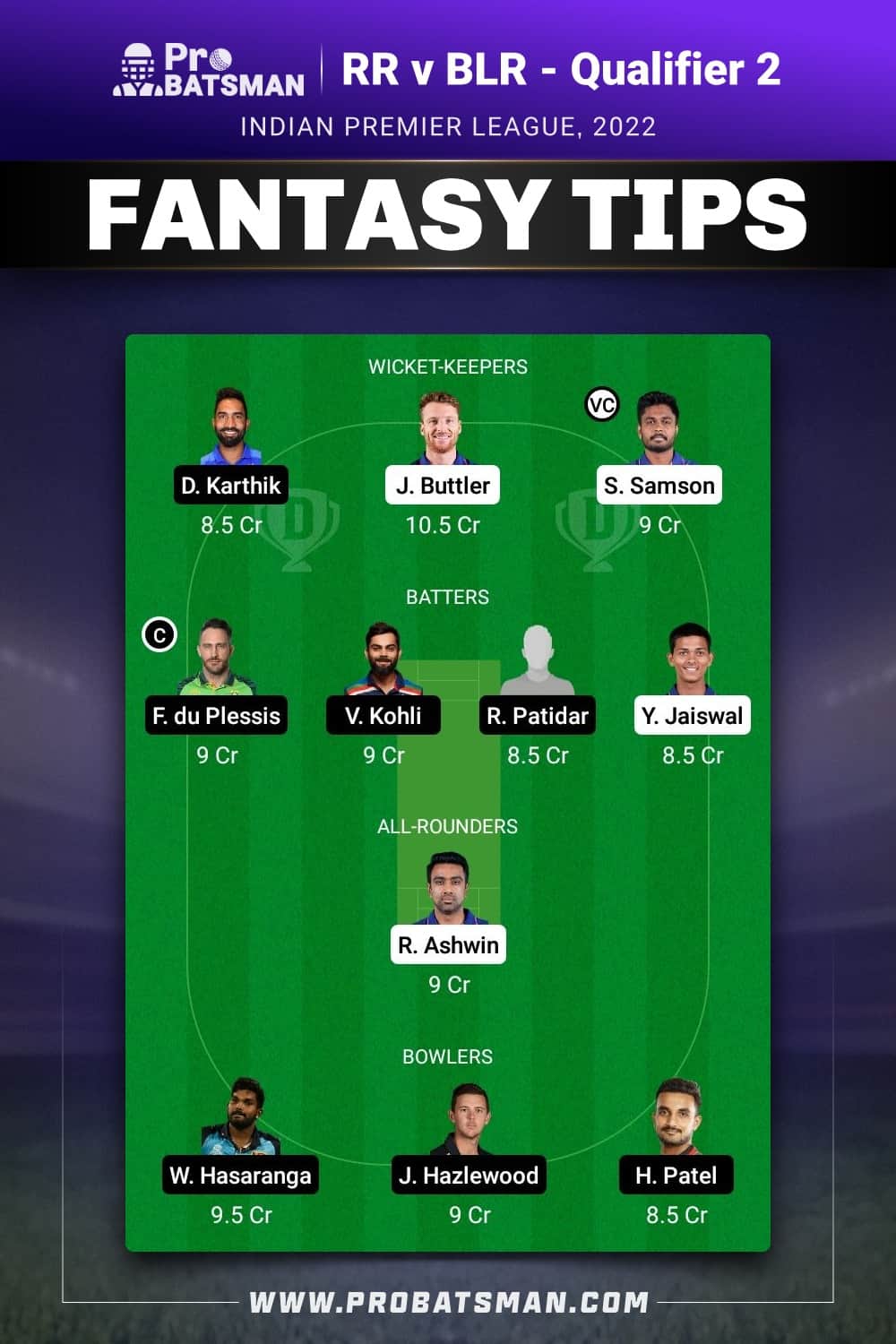 RR vs BLR Dream11 Prediction Fantasy Team 2