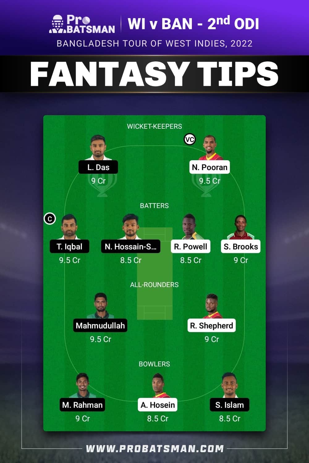 WI vs BAN Dream11 Prediction - Fantasy Team 1