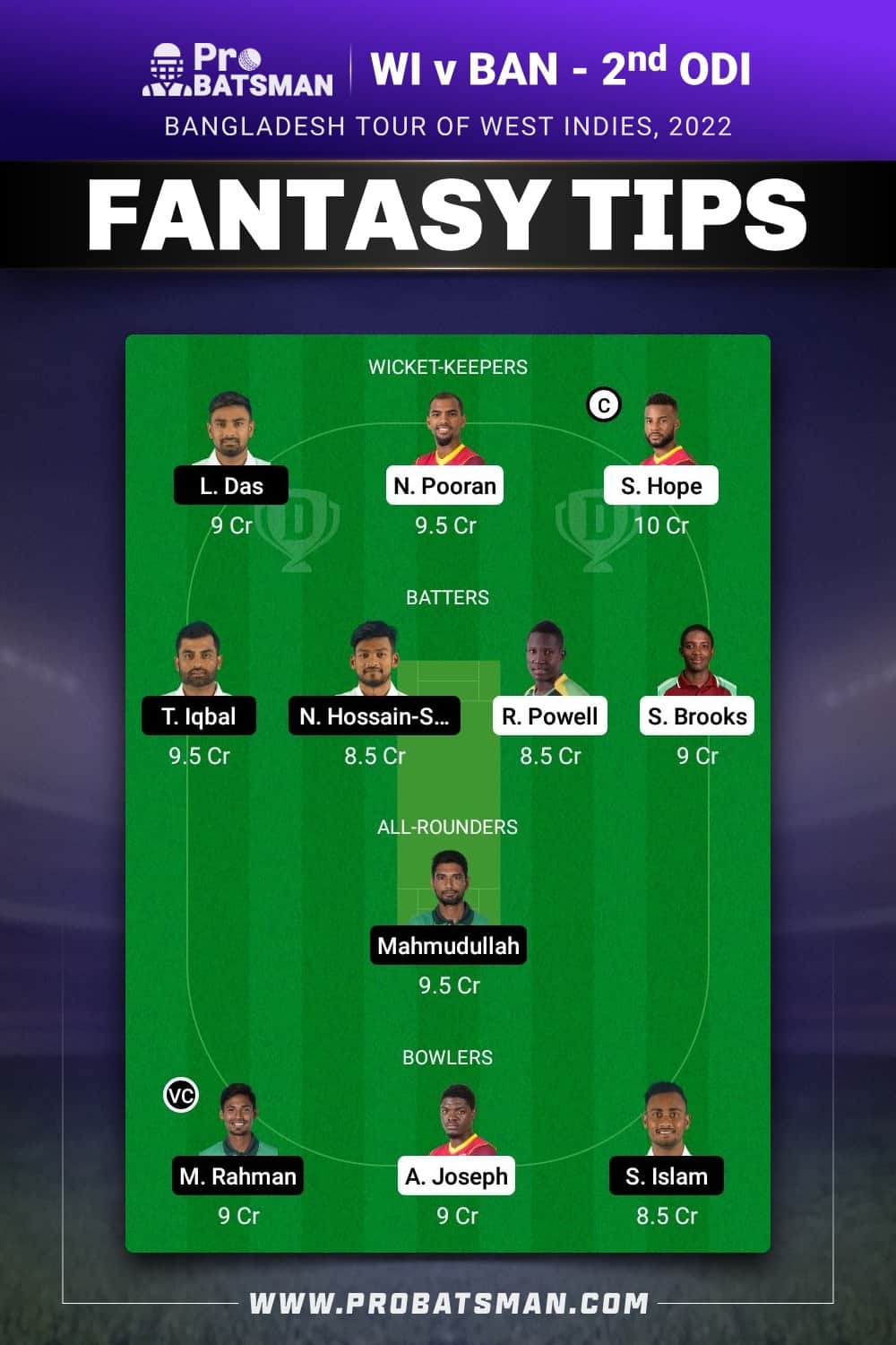 WI vs BAN Dream11 Prediction - Fantasy Team 1