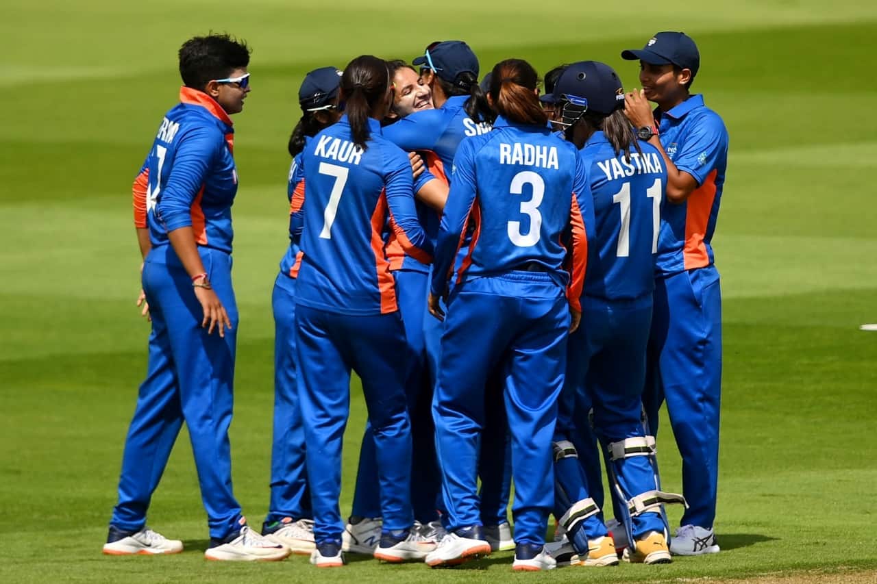 India Women Cricket Team celebrates during the match between Team Australia and Team India on day one of the Birmingham 2022 Commonwealth Games at Edgbaston