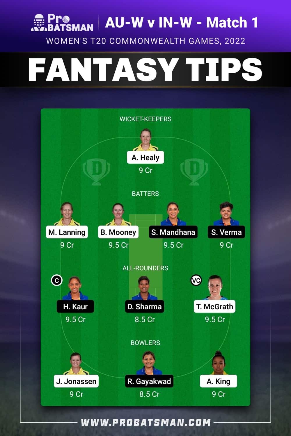 AU-W vs IN-W Dream11 Prediction - Fantasy Team 1