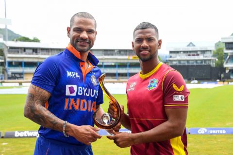 Shikhar Dhawan and Nicholas Pooran with ODI trophy