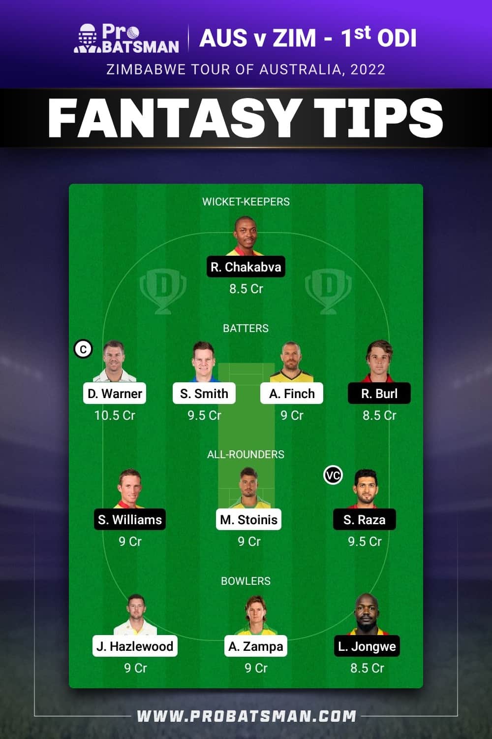 AUS vs ZIM Dream11 Prediction - Fantasy Team 1