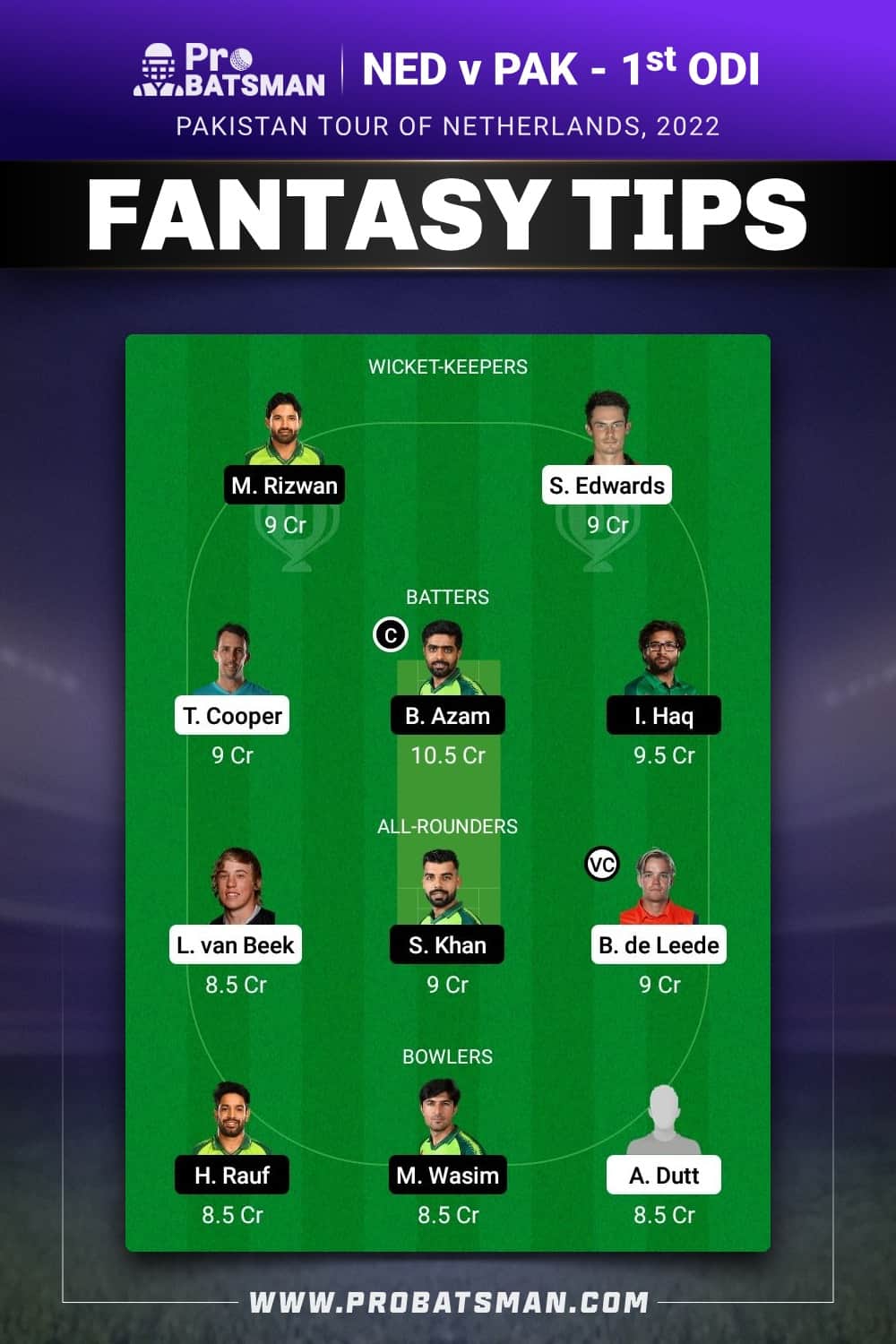 NED vs PAK Dream11 Prediction - Fantasy Team 1