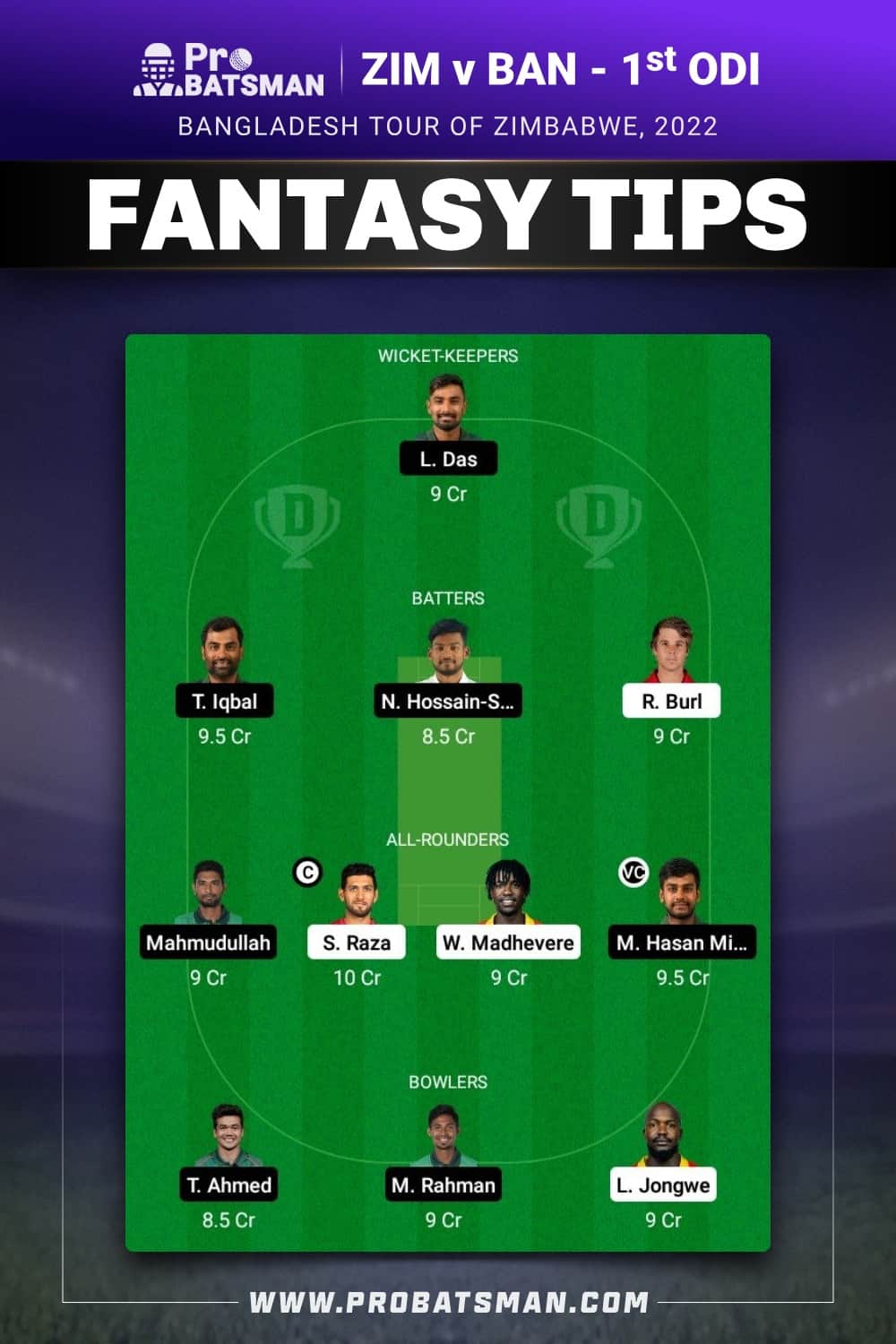 ZIM vs BAN Dream11 Prediction - Fantasy Team 1