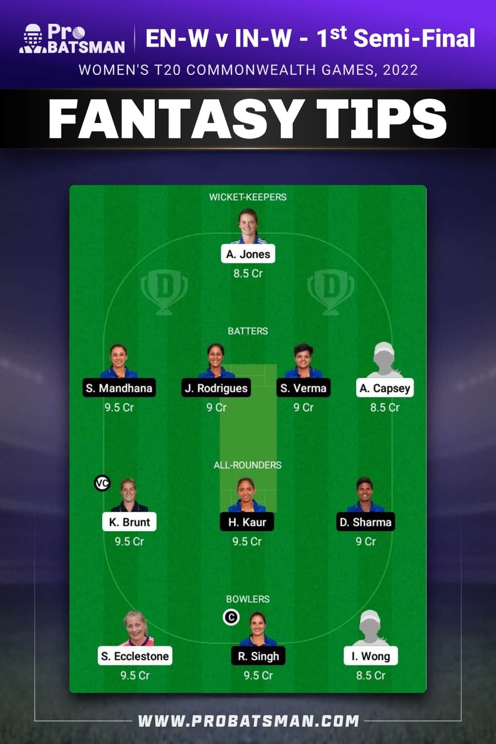 EN-W vs IN-W Dream11 Prediction - Fantasy Team 1