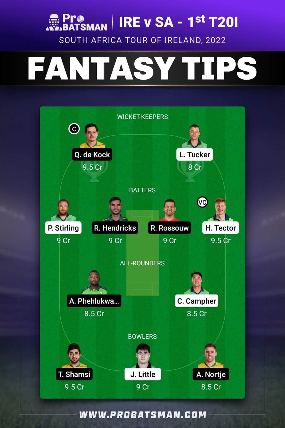 IRE vs SA Dream11 Prediction - Fantasy Team 1