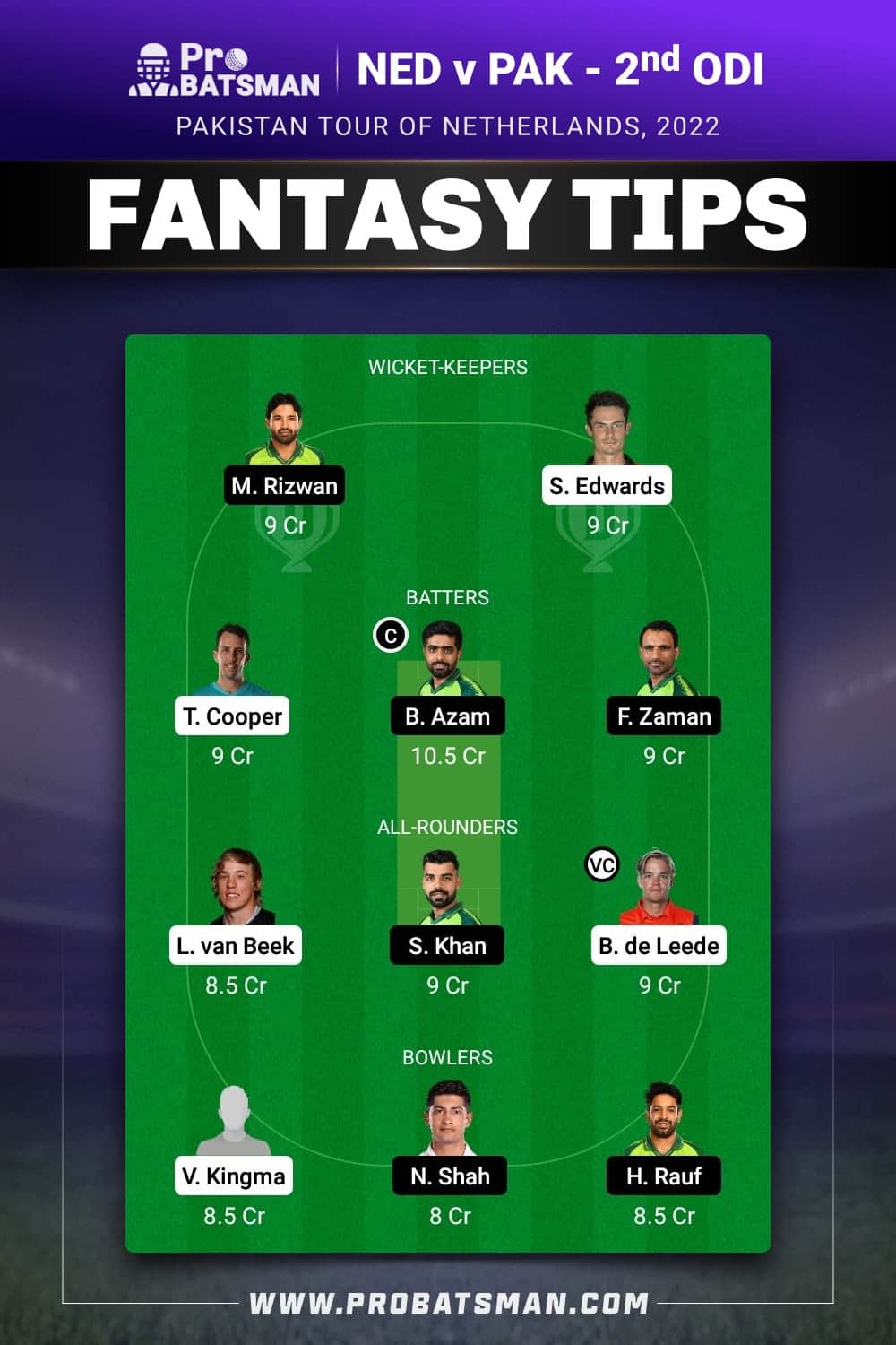 NED vs PAK Dream11 Prediction - Fantasy Team 1