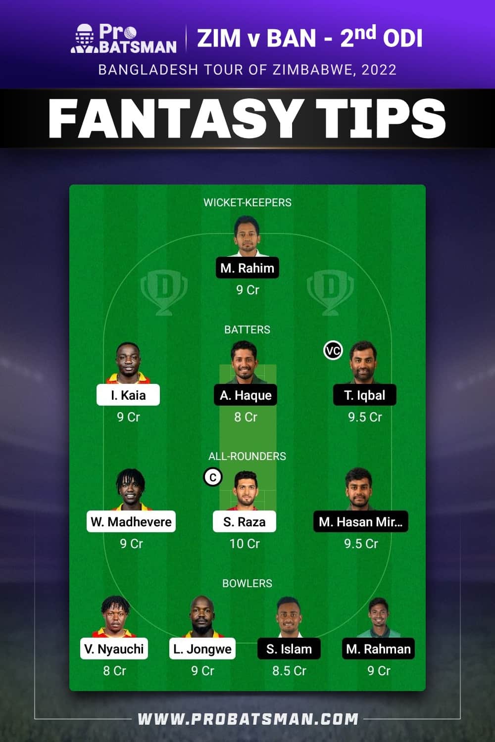 ZIM vs BAN Dream11 Prediction - Fantasy Team 1