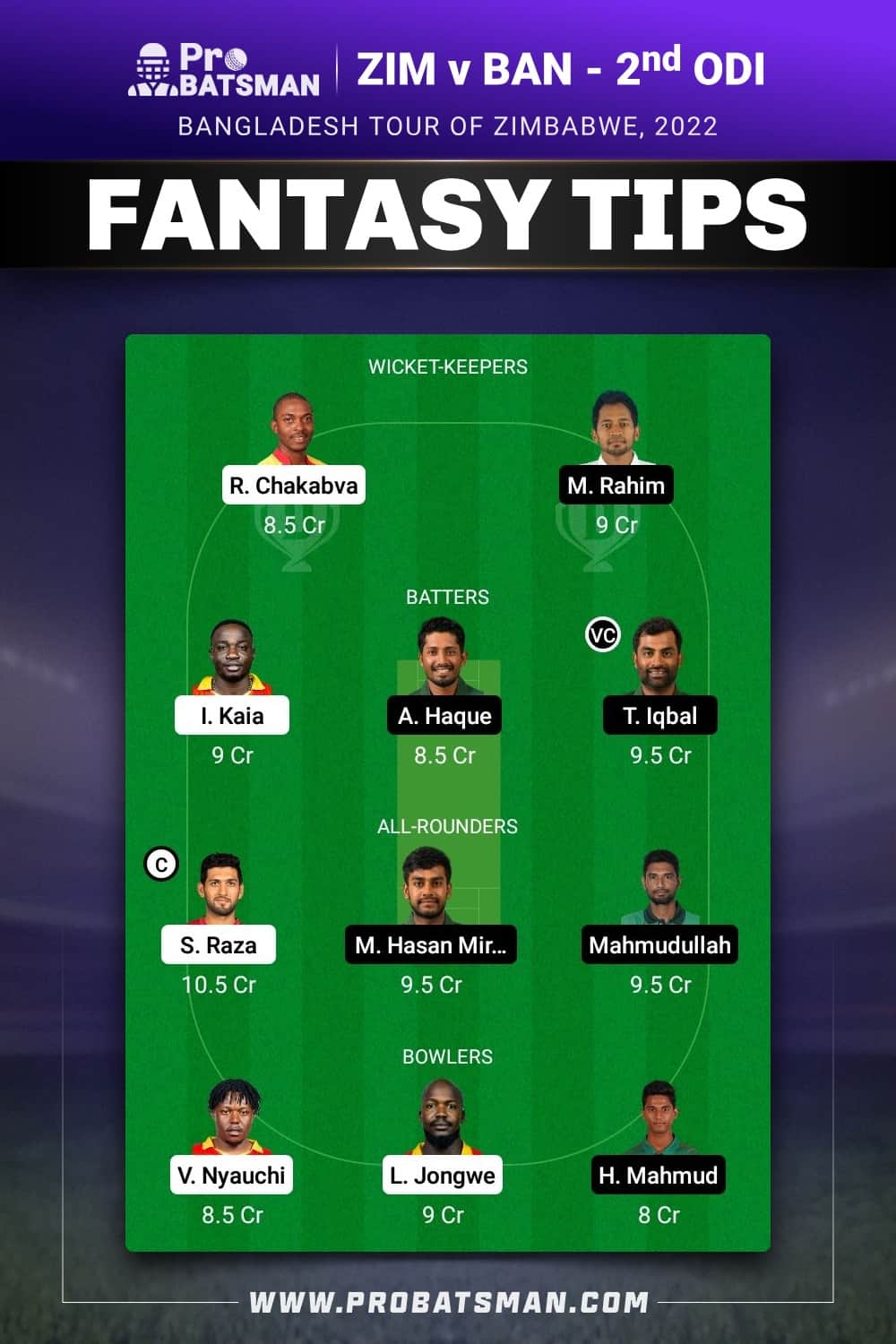 ZIM vs BAN Dream11 Prediction - Fantasy Team 1