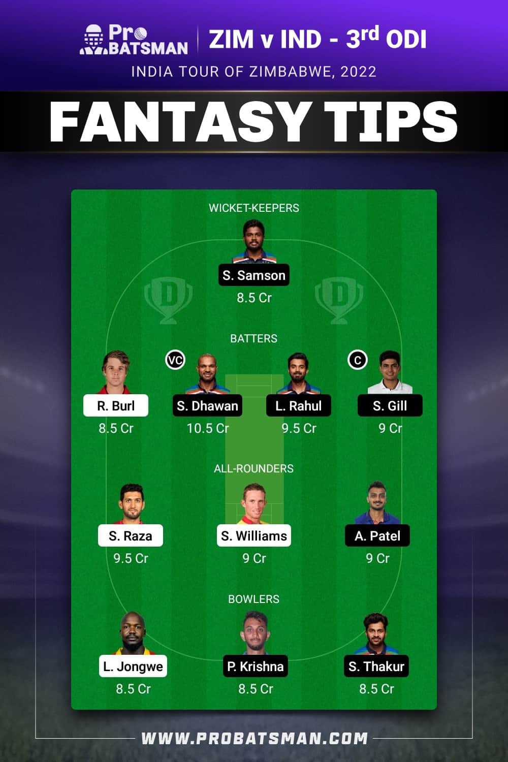 ZIM vs IND Dream11 Prediction - Fantasy Team 1