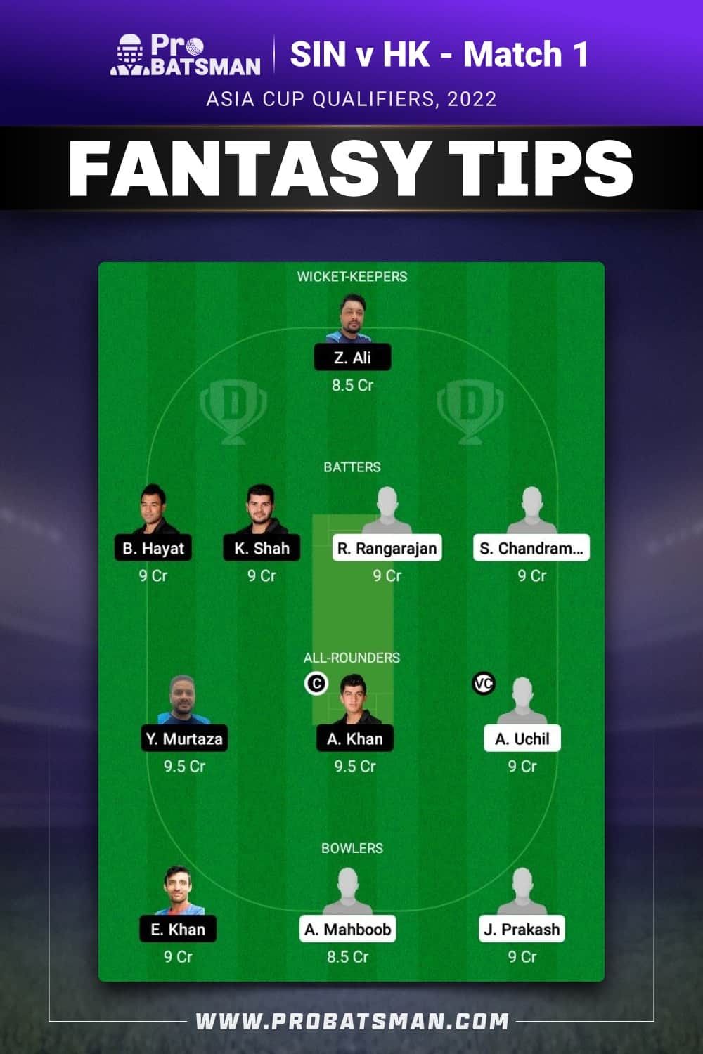 SIN vs HK Dream11 Prediction - Fantasy Team 1