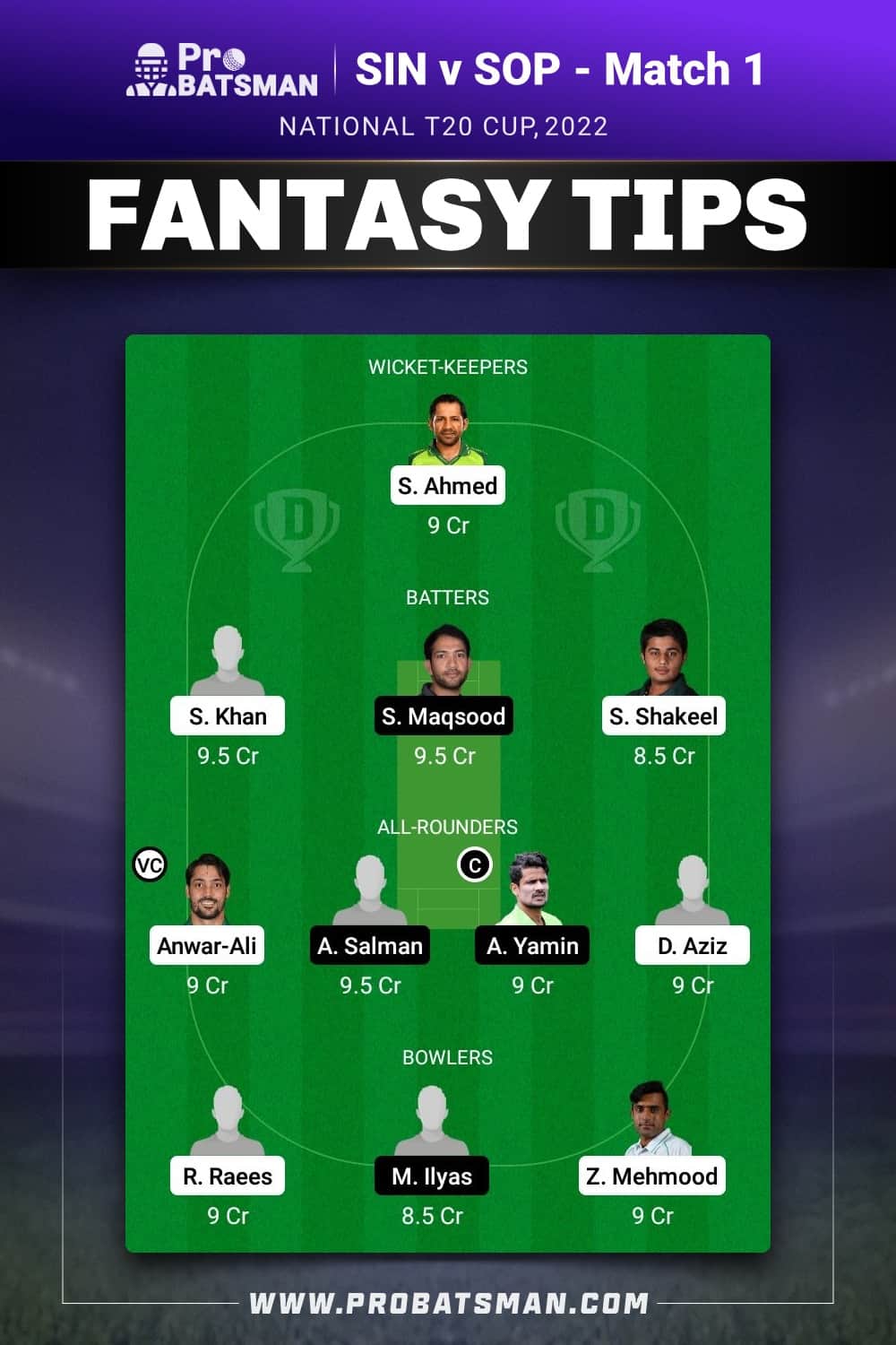 SIN vs SOP Dream11 Prediction - Fantasy Team 1