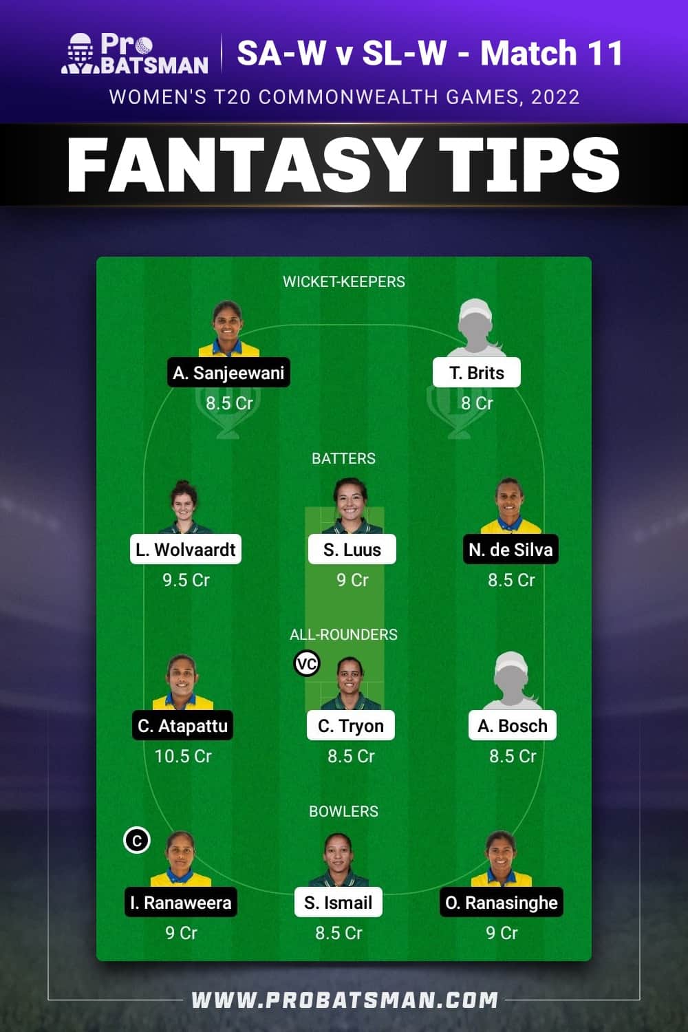 SA-W vs SL-W Dream11 Prediction - Fantasy Team 1 SA-W vs SL-W Dream11 Prediction - Fantasy Team 1