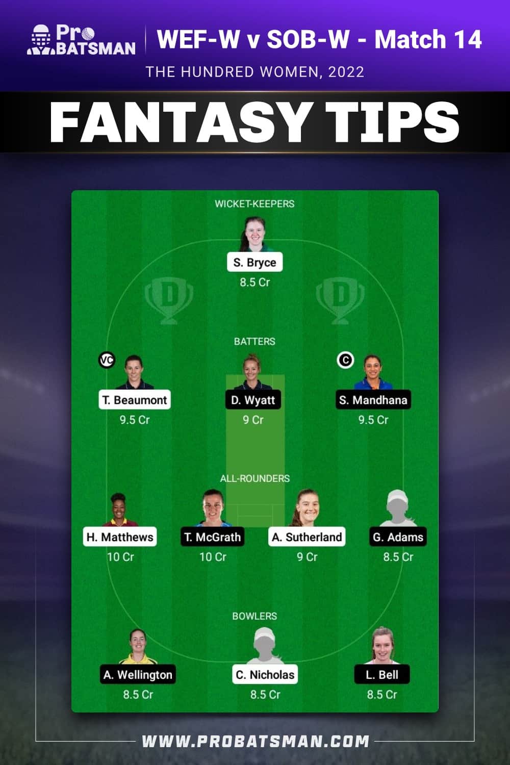 WEF-W vs SOB-W Dream11 Prediction - Fantasy Team 2