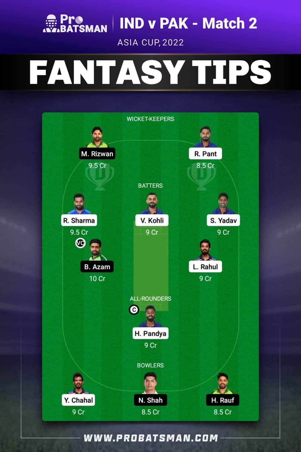 IND vs PAK Dream11 Prediction - Fantasy Team 1