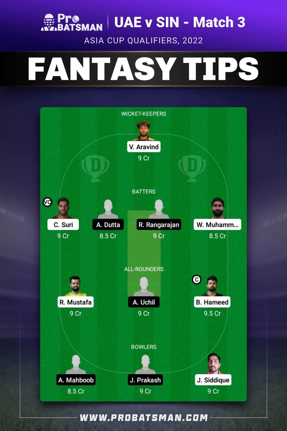 UAE vs SIN Dream11 Prediction - Fantasy Team 1