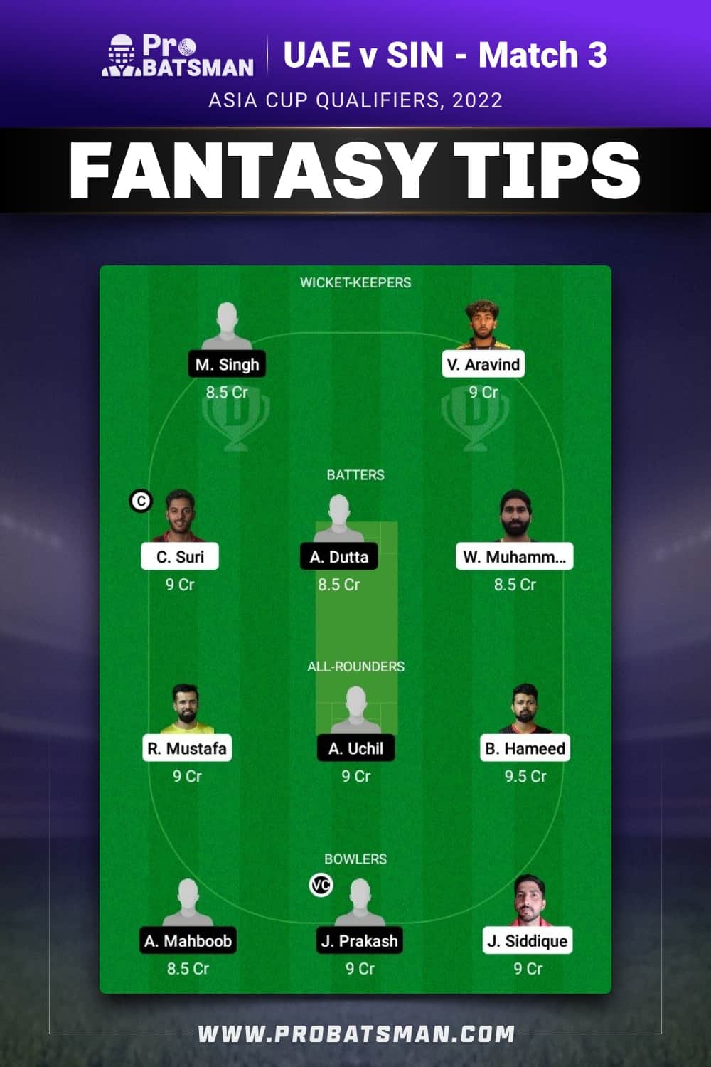 UAE vs SIN Dream11 Prediction - Fantasy Team 2