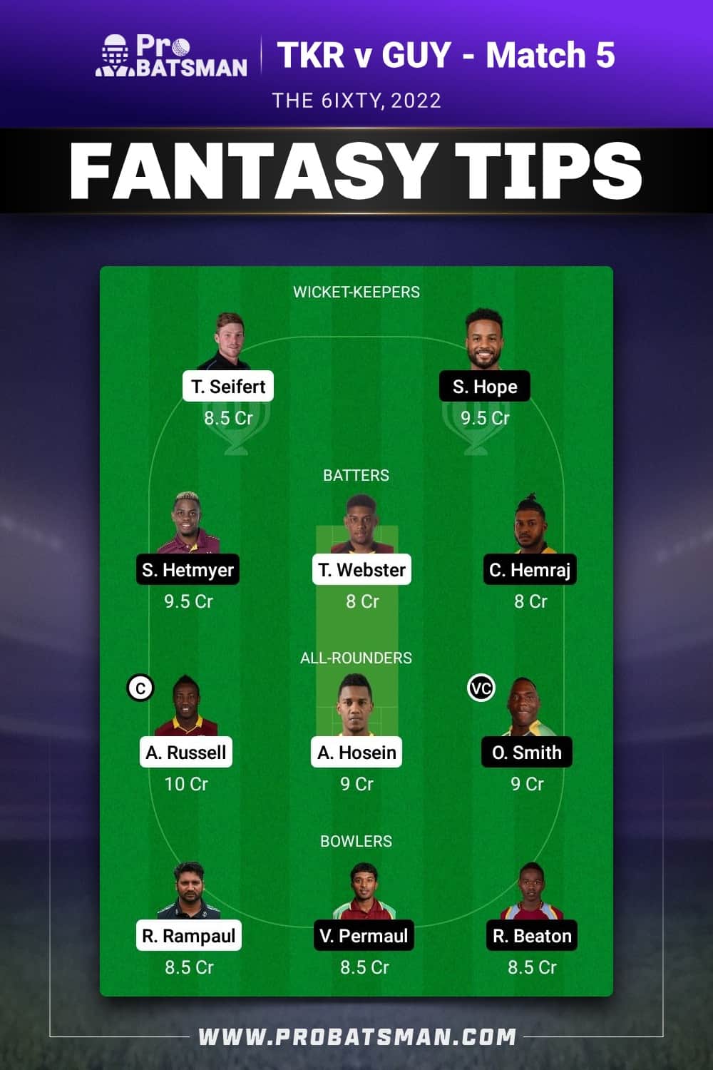 TKR vs GUY Dream11 Prediction - Fantasy Team 1 TKR vs GUY Dream11 Prediction - Fantasy Team 1