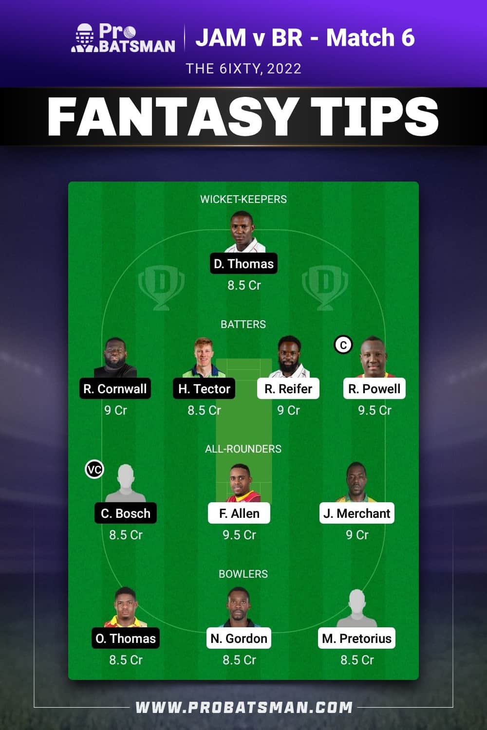 JAM vs BR Dream11 Prediction - Fantasy Team 2